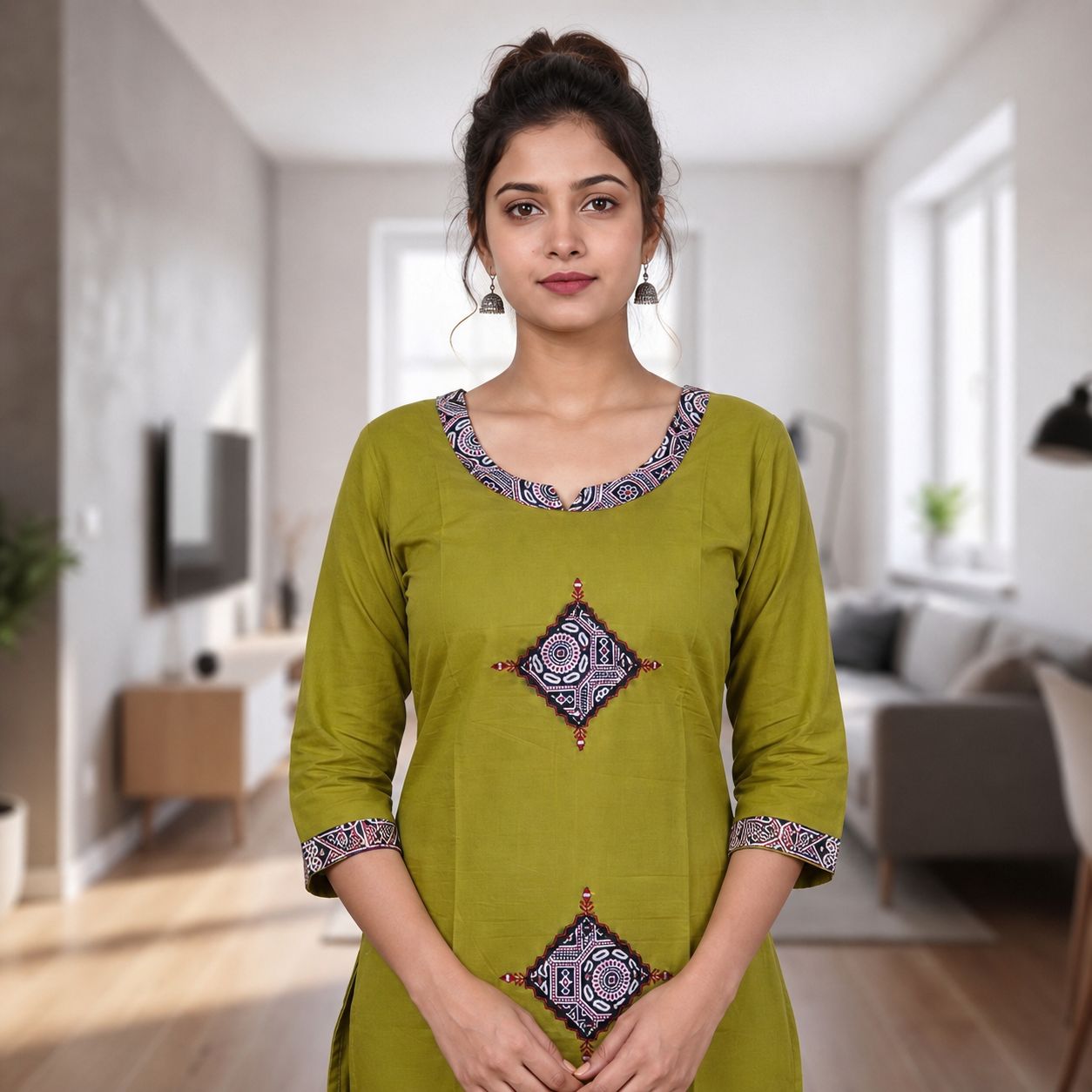 Women's Olive Green Cotton 2-Piece Straight Kurti Set with Geometric Motif Design SKU CAC-K2P-OG-1