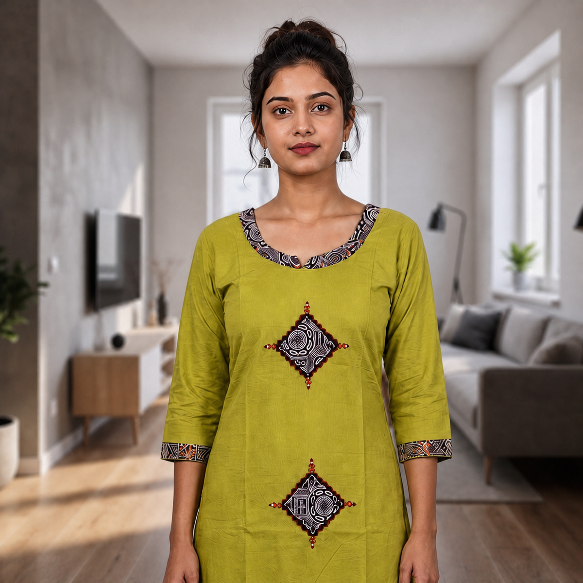 Women's Olive Green Cotton 2-Piece Straight Kurti Set with Geometric Motif Design SKU CAC-K2P-OG-1