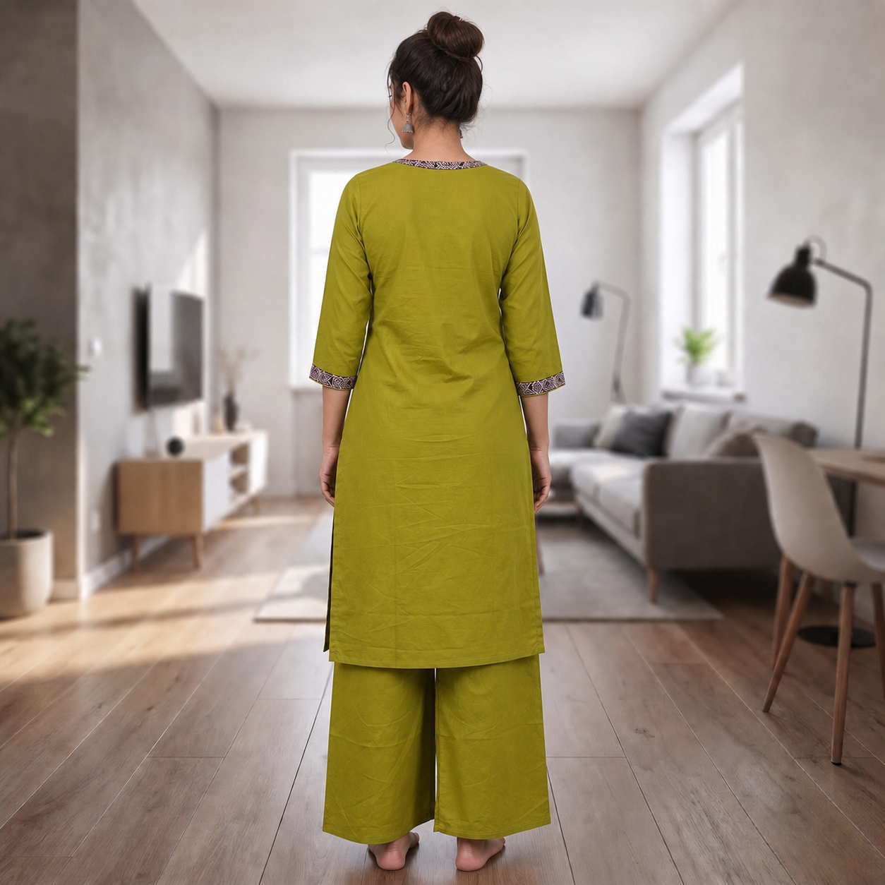 Women's Olive Green Cotton 2-Piece Straight Kurti Set with Geometric Motif Design SKU CAC-K2P-OG-1