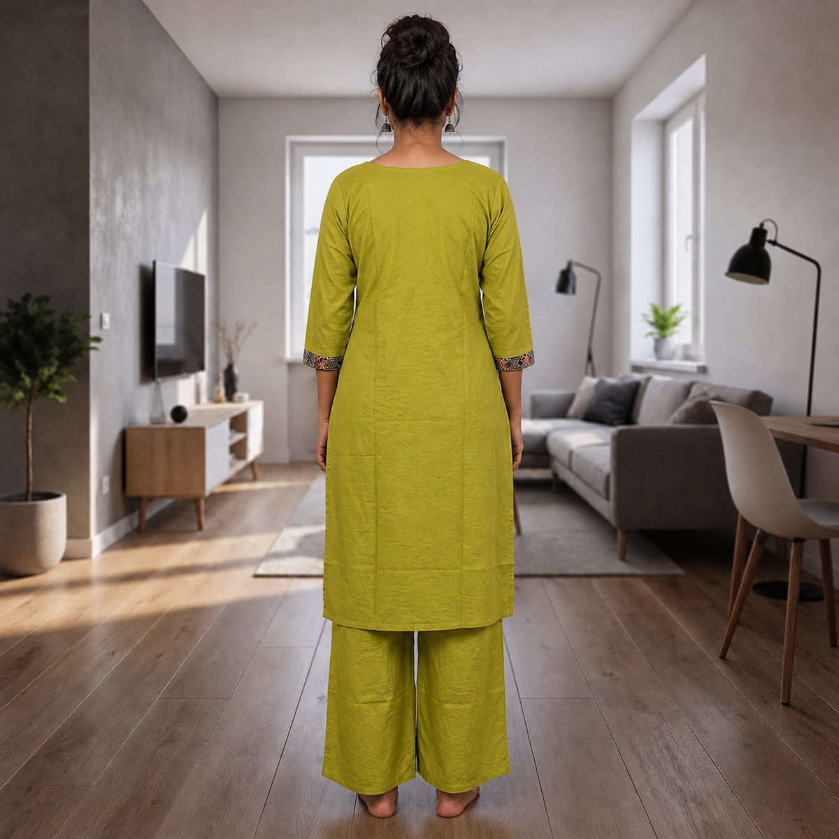 Women's Olive Green Cotton 2-Piece Straight Kurti Set with Geometric Motif Design SKU CAC-K2P-OG-1