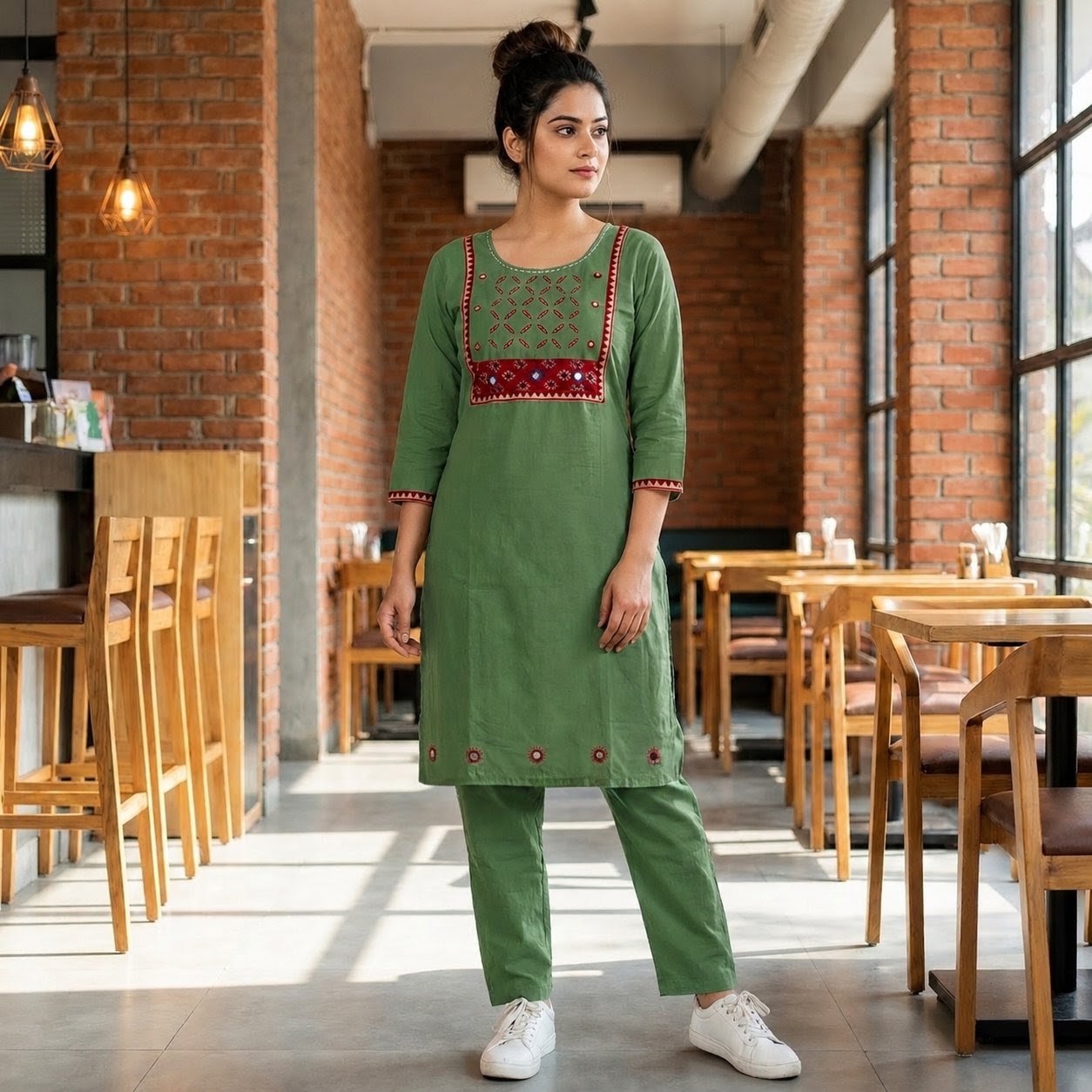 Women's Sage Green Cotton 2-Piece Straight Kurti Set with Contrast Decorative Yoke SKU CAC-K2P-G-1