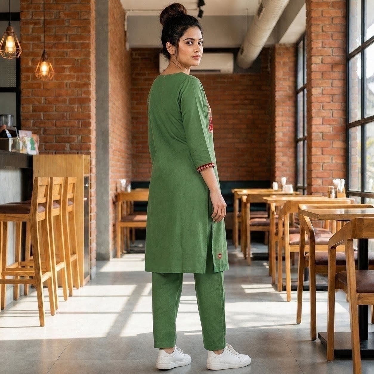 Women's Sage Green Cotton 2-Piece Straight Kurti Set with Contrast Decorative Yoke SKU CAC-K2P-G-1