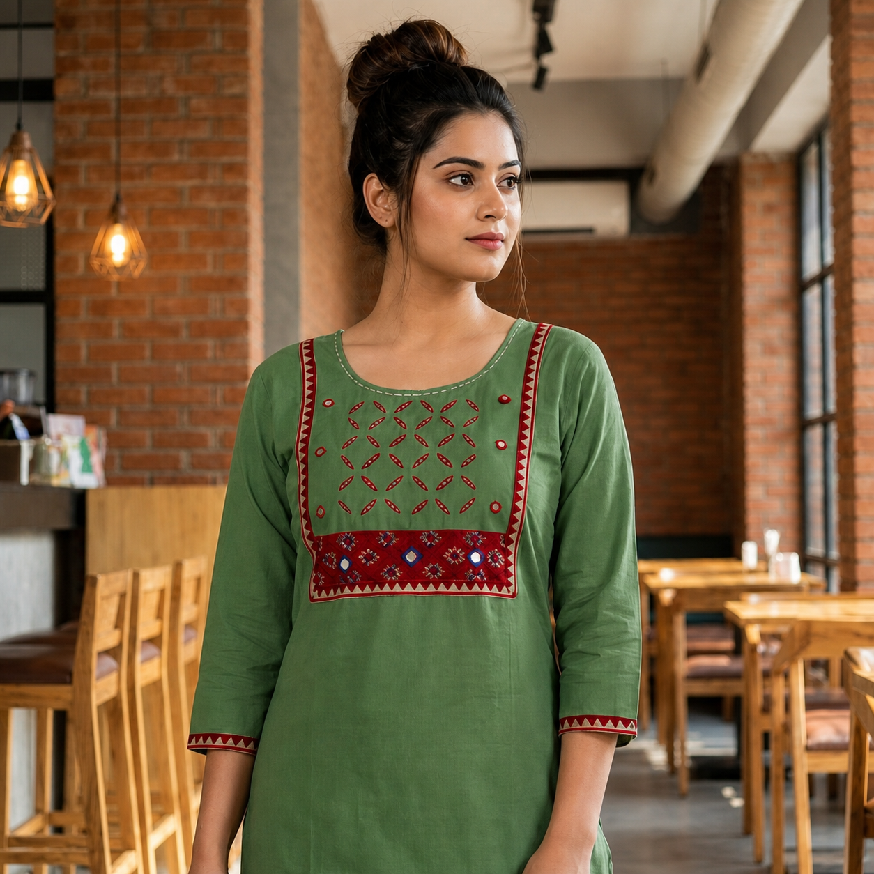 Women's Sage Green Cotton 2-Piece Straight Kurti Set with Contrast Decorative Yoke SKU CAC-K2P-G-1