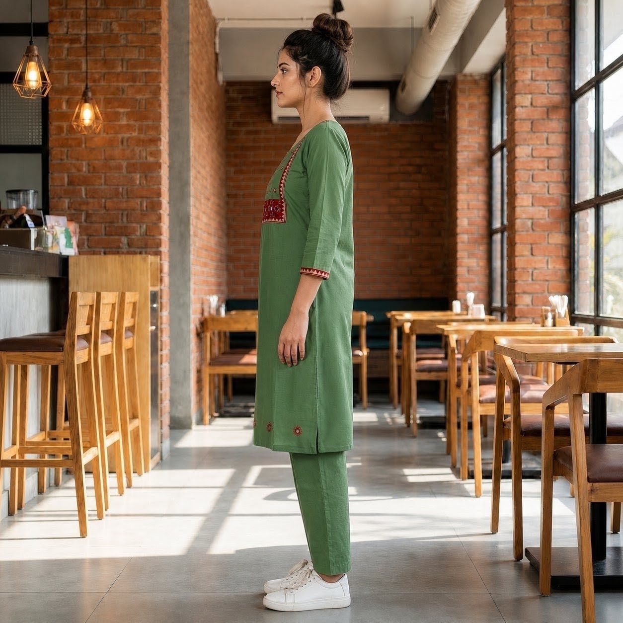 Women's Sage Green Cotton 2-Piece Straight Kurti Set with Contrast Decorative Yoke SKU CAC-K2P-G-1