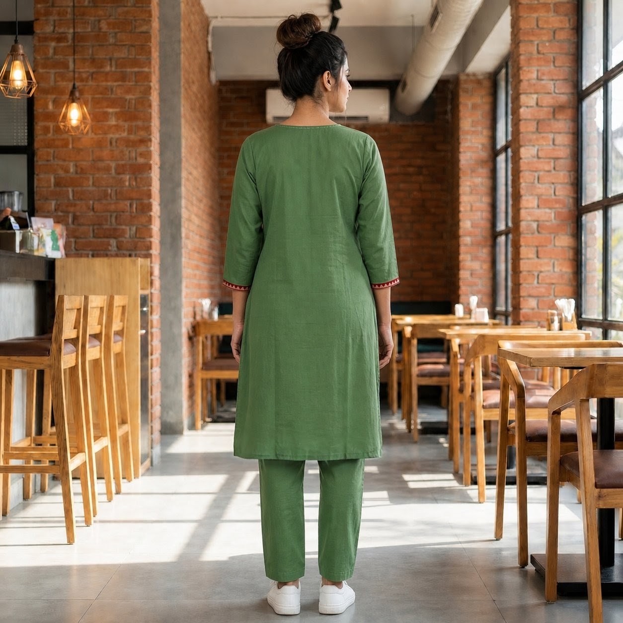 Women's Sage Green Cotton 2-Piece Straight Kurti Set with Contrast Decorative Yoke SKU CAC-K2P-G-1