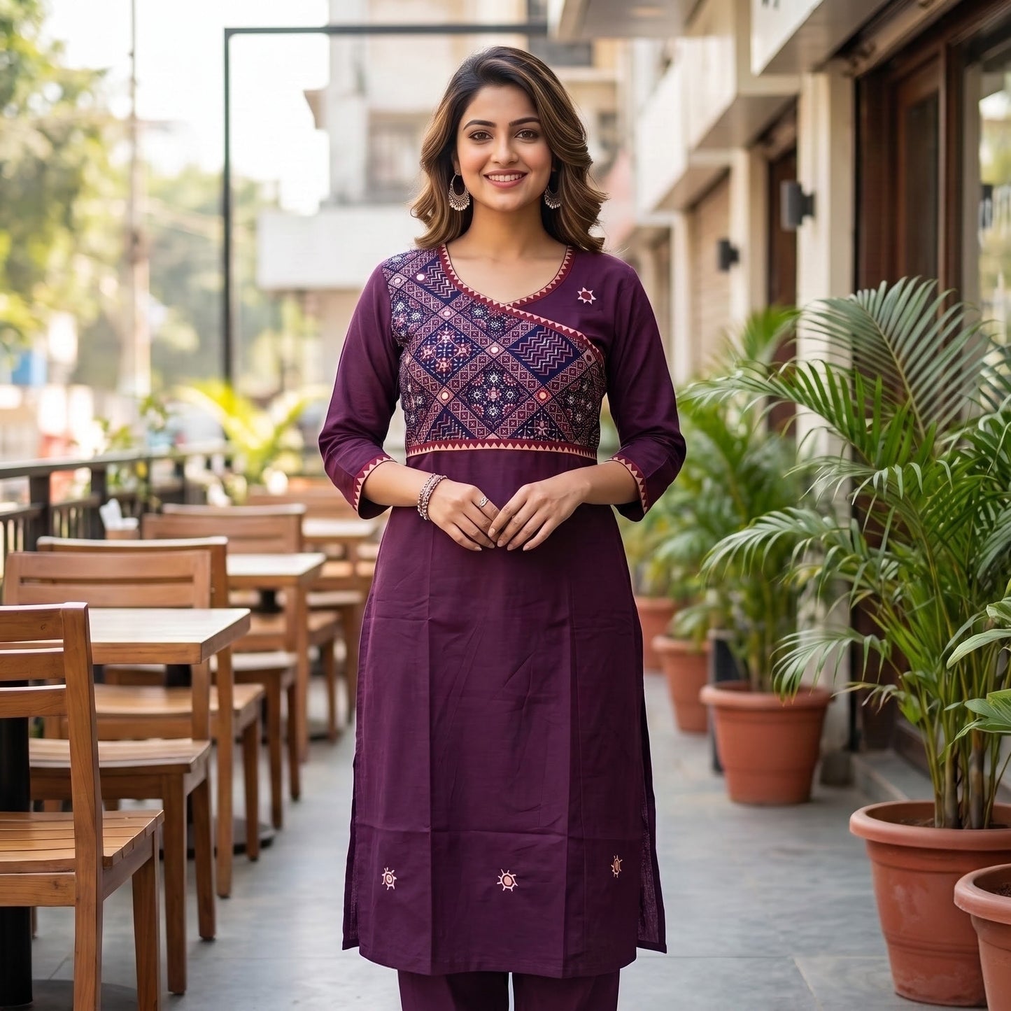 Women's Wine Cotton 2-Piece Straight Kurti Set with Geometric Contrast Yoke SKU CAC-K2P-WC-1