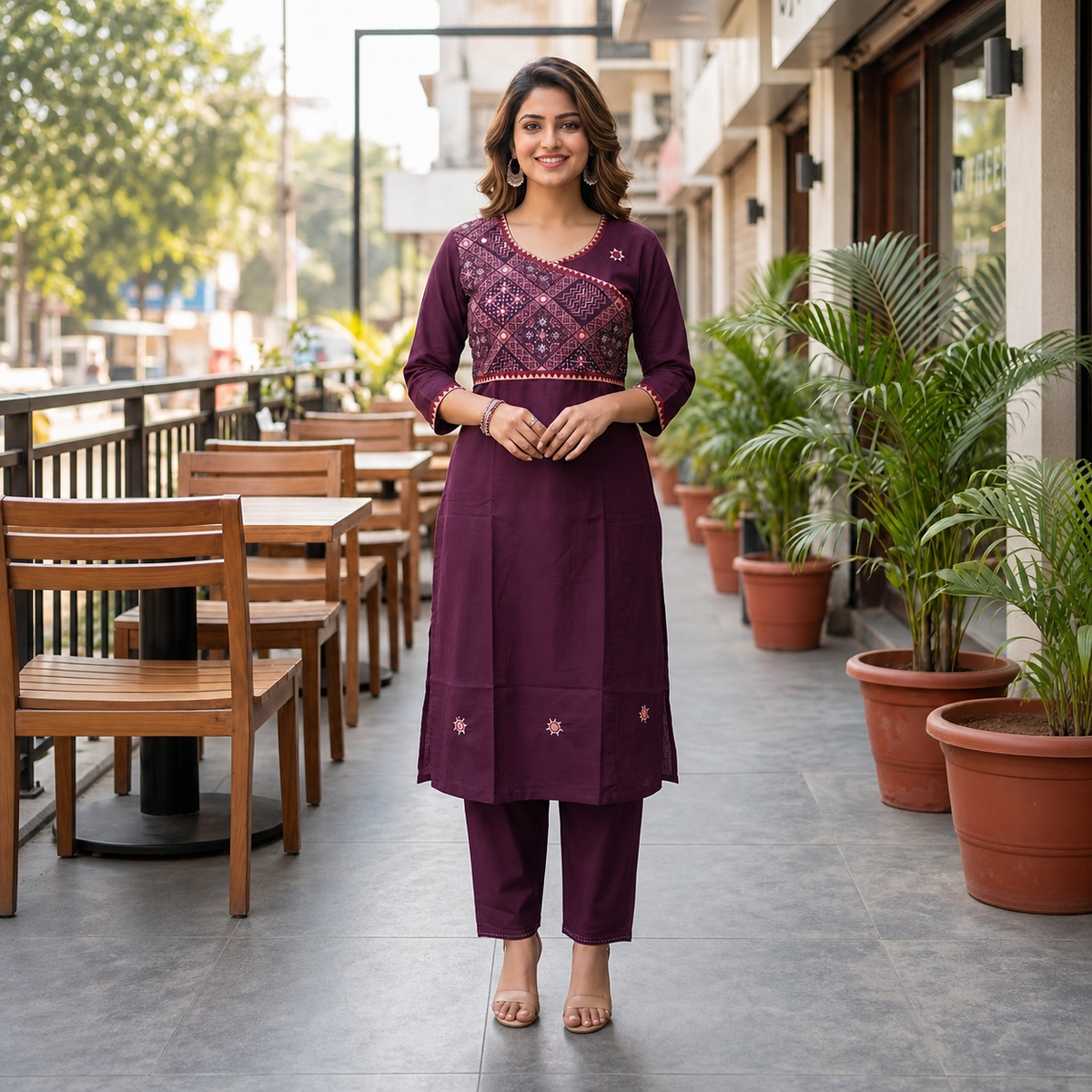 Women's Wine Cotton 2-Piece Straight Kurti Set with Geometric Contrast Yoke SKU CAC-K2P-WC-1