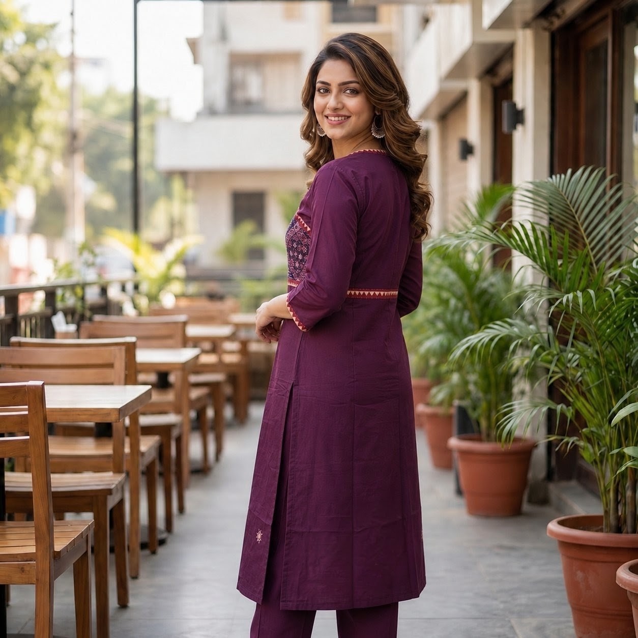 Women's Wine Cotton 2-Piece Straight Kurti Set with Geometric Contrast Yoke SKU CAC-K2P-WC-1