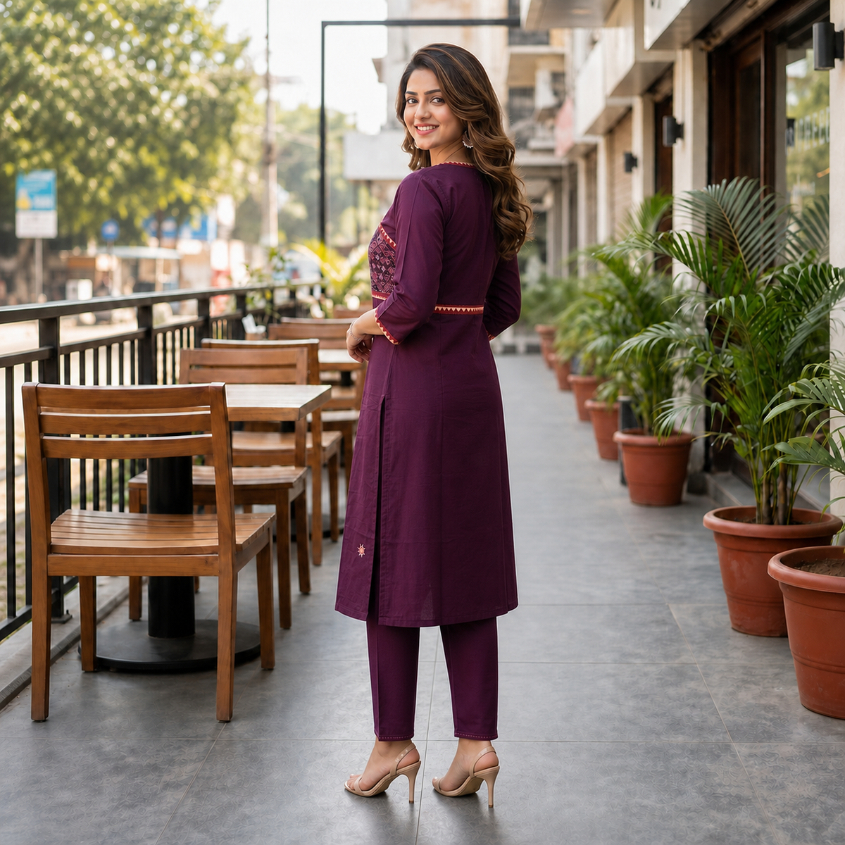 Women's Wine Cotton 2-Piece Straight Kurti Set with Geometric Contrast Yoke SKU CAC-K2P-WC-1