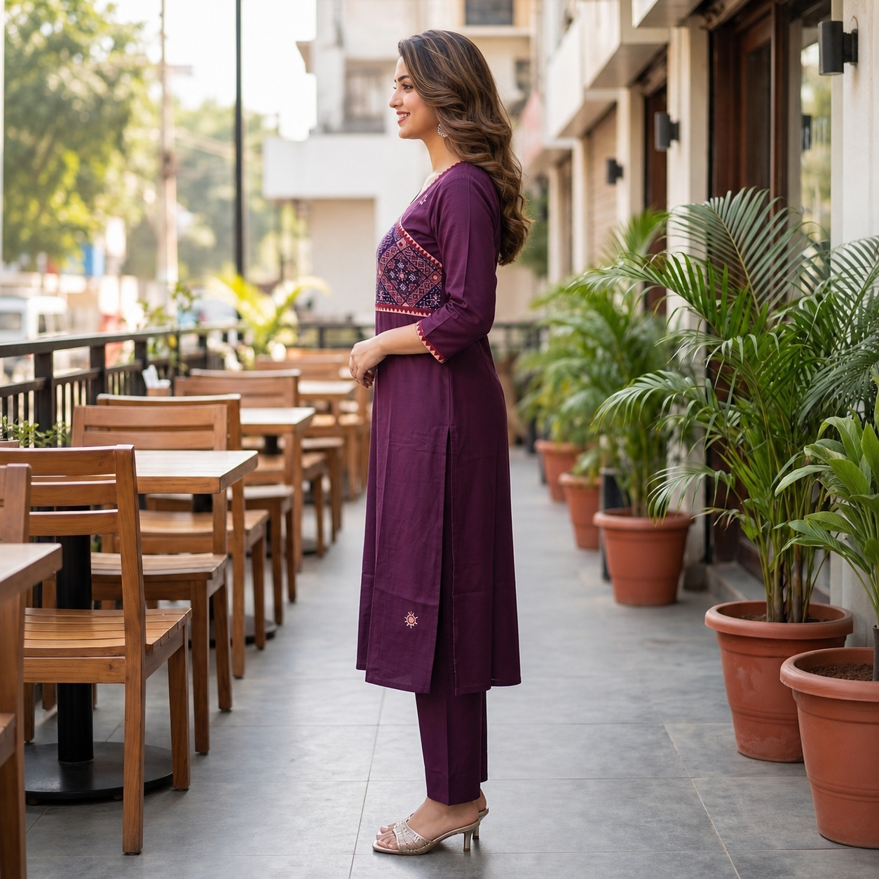 Women's Wine Cotton 2-Piece Straight Kurti Set with Geometric Contrast Yoke SKU CAC-K2P-WC-1