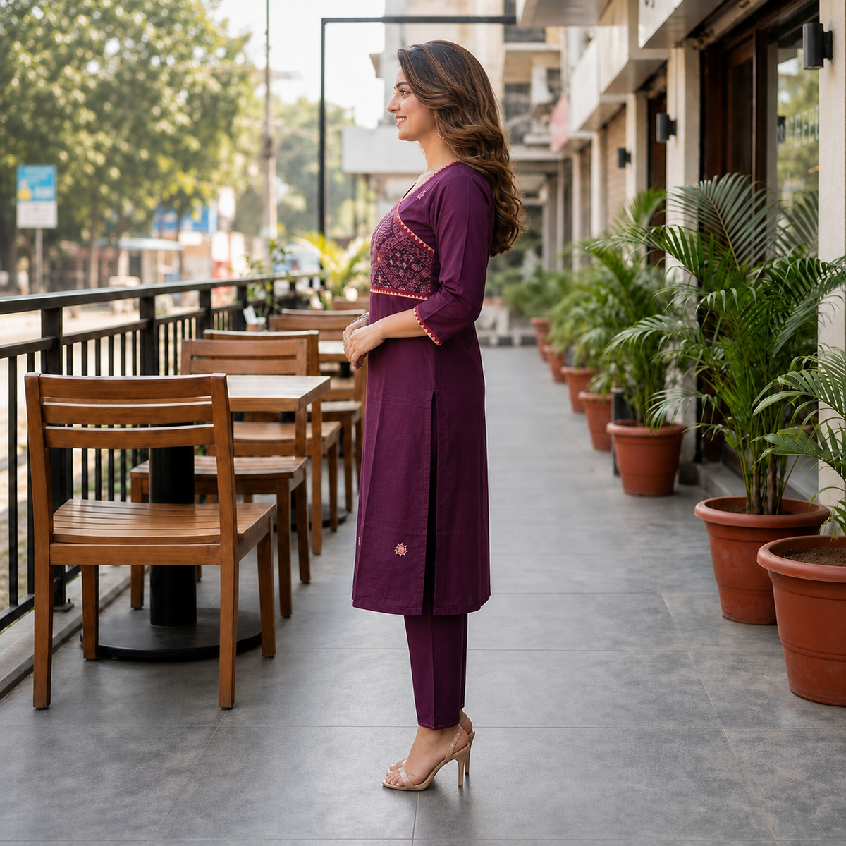 Women's Wine Cotton 2-Piece Straight Kurti Set with Geometric Contrast Yoke SKU CAC-K2P-WC-1