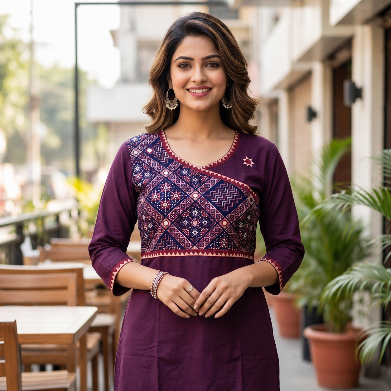 Women's Wine Cotton 2-Piece Straight Kurti Set with Geometric Contrast Yoke SKU CAC-K2P-WC-1