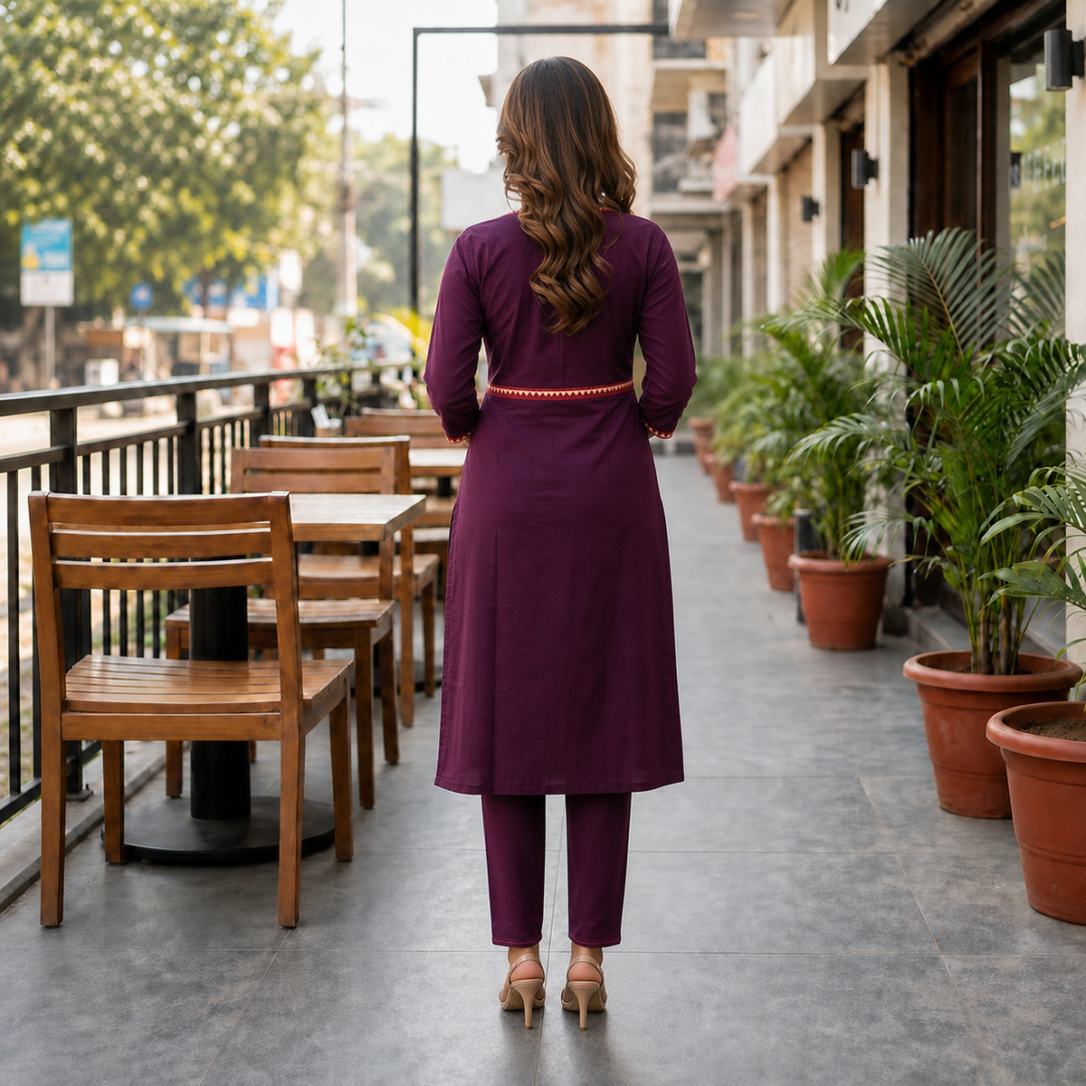 Women's Wine Cotton 2-Piece Straight Kurti Set with Geometric Contrast Yoke SKU CAC-K2P-WC-1