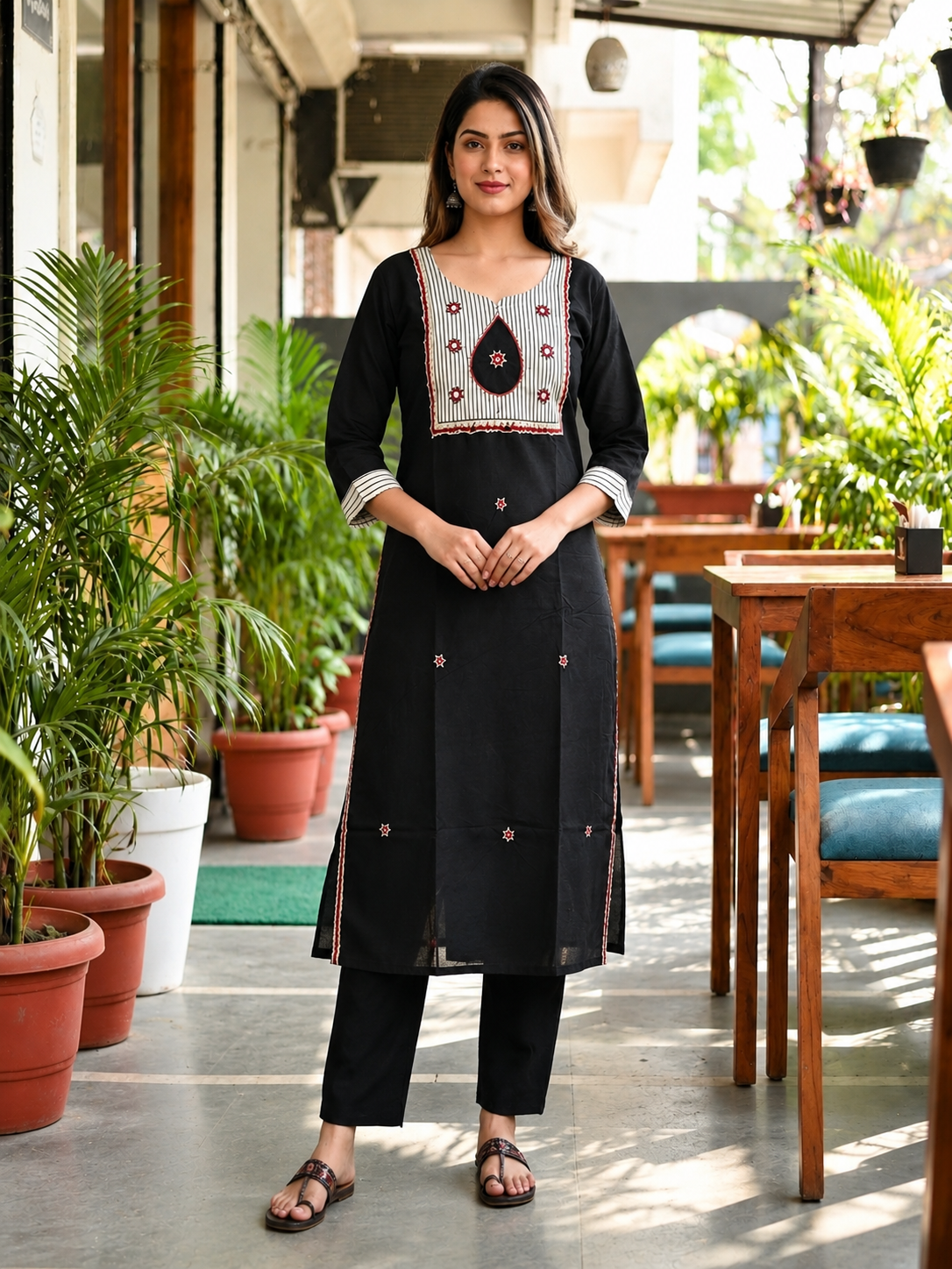 Women's Black Cotton 2-Piece Straight Kurti Pant Set with Contrast Front Panel CAC-K2P-B-1