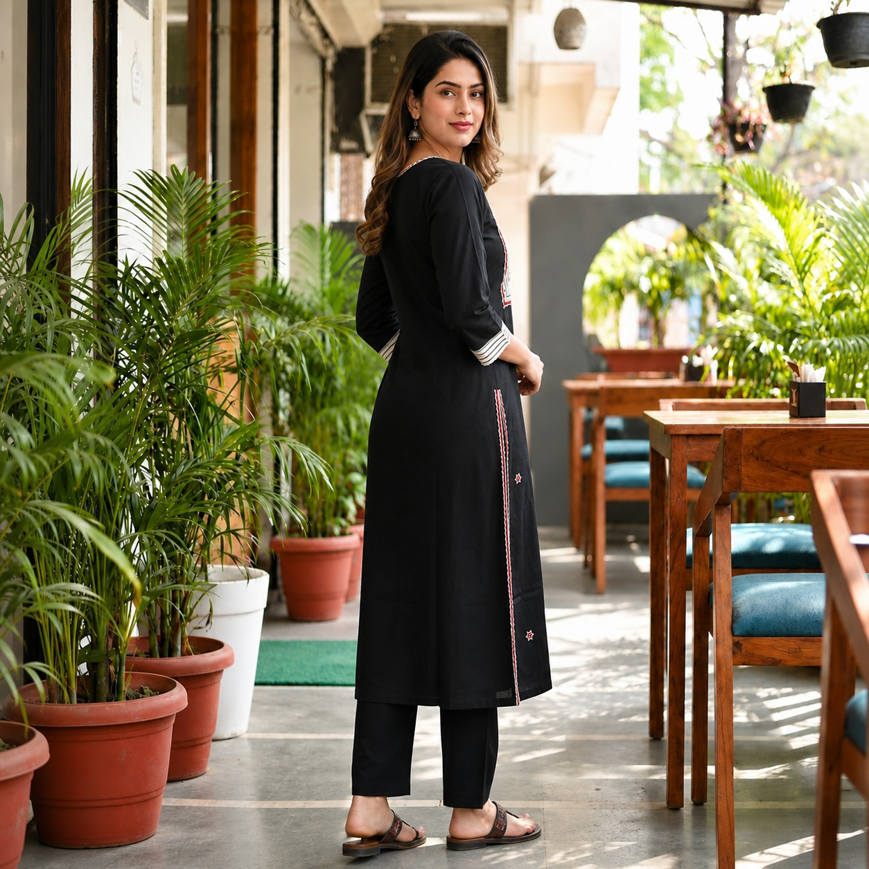 Women's Black Cotton 2-Piece Straight Kurti Pant Set with Contrast Front Panel CAC-K2P-B-1
