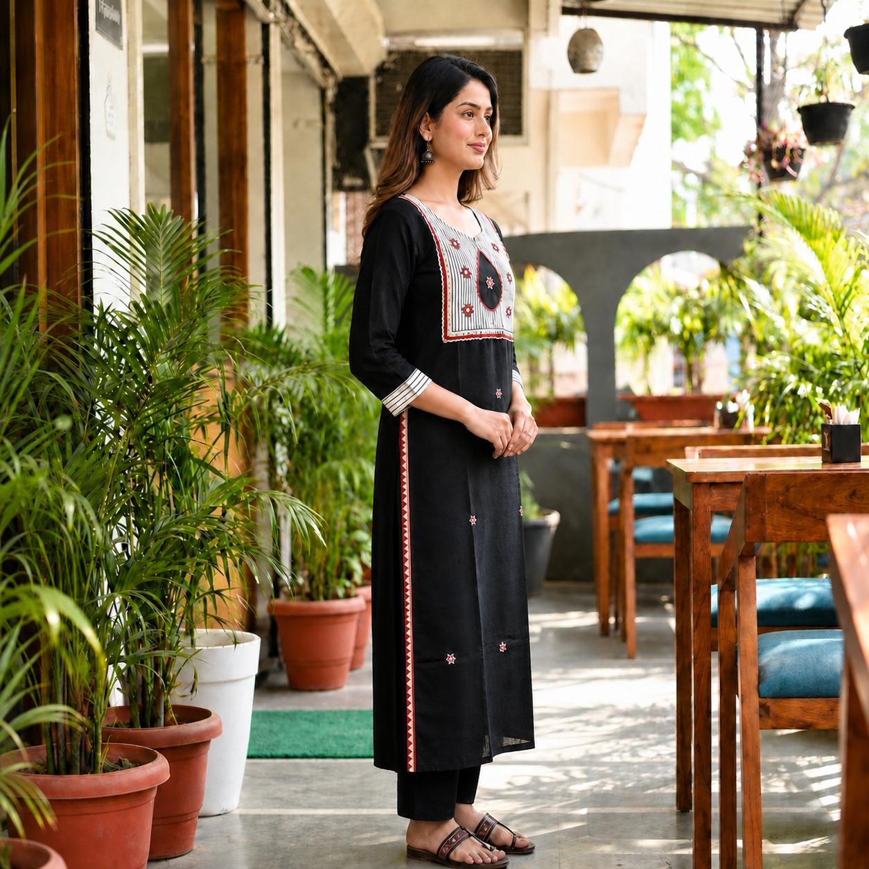 Women's Black Cotton 2-Piece Straight Kurti Pant Set with Contrast Front Panel CAC-K2P-B-1