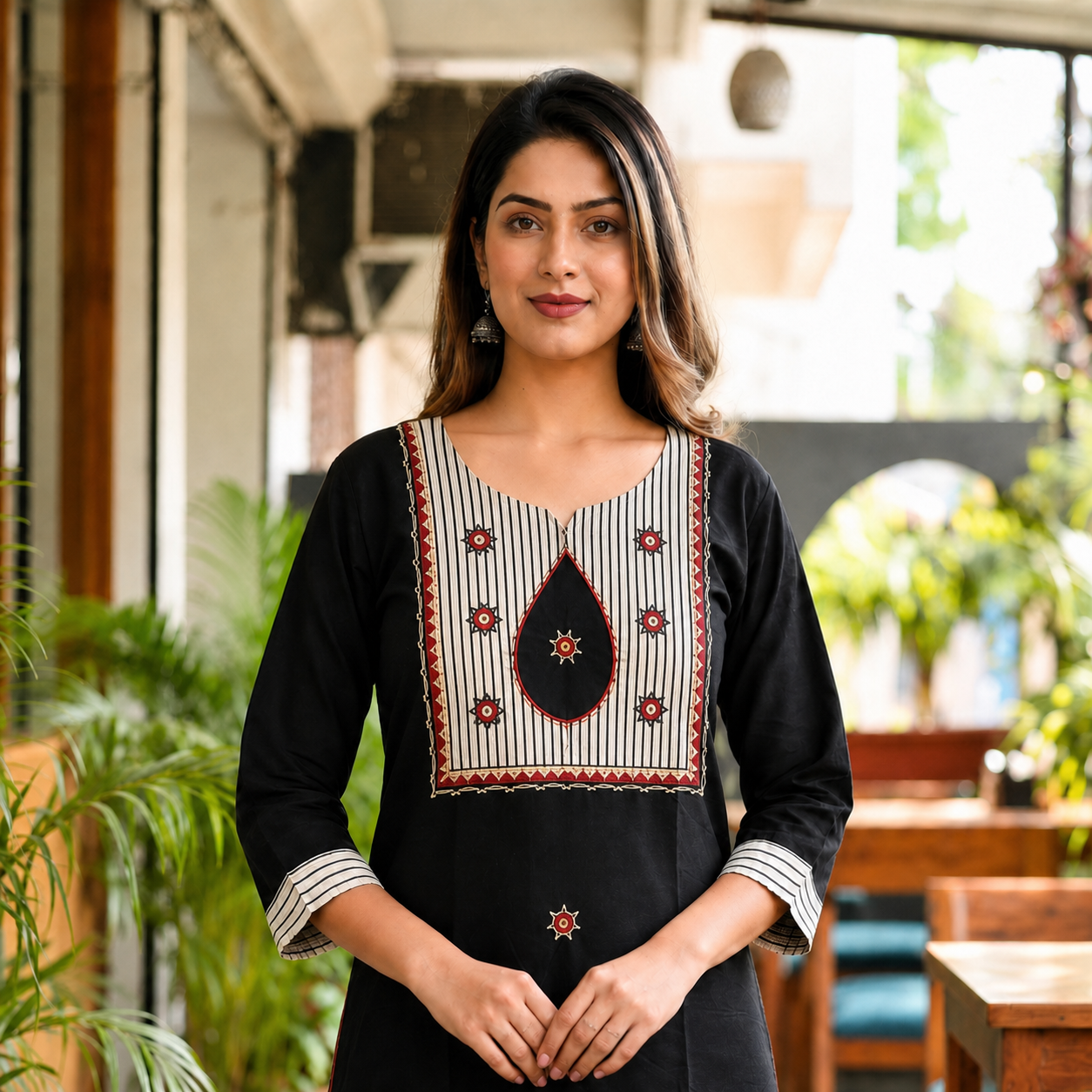 Women's Black Cotton 2-Piece Straight Kurti Pant Set with Contrast Front Panel CAC-K2P-B-1