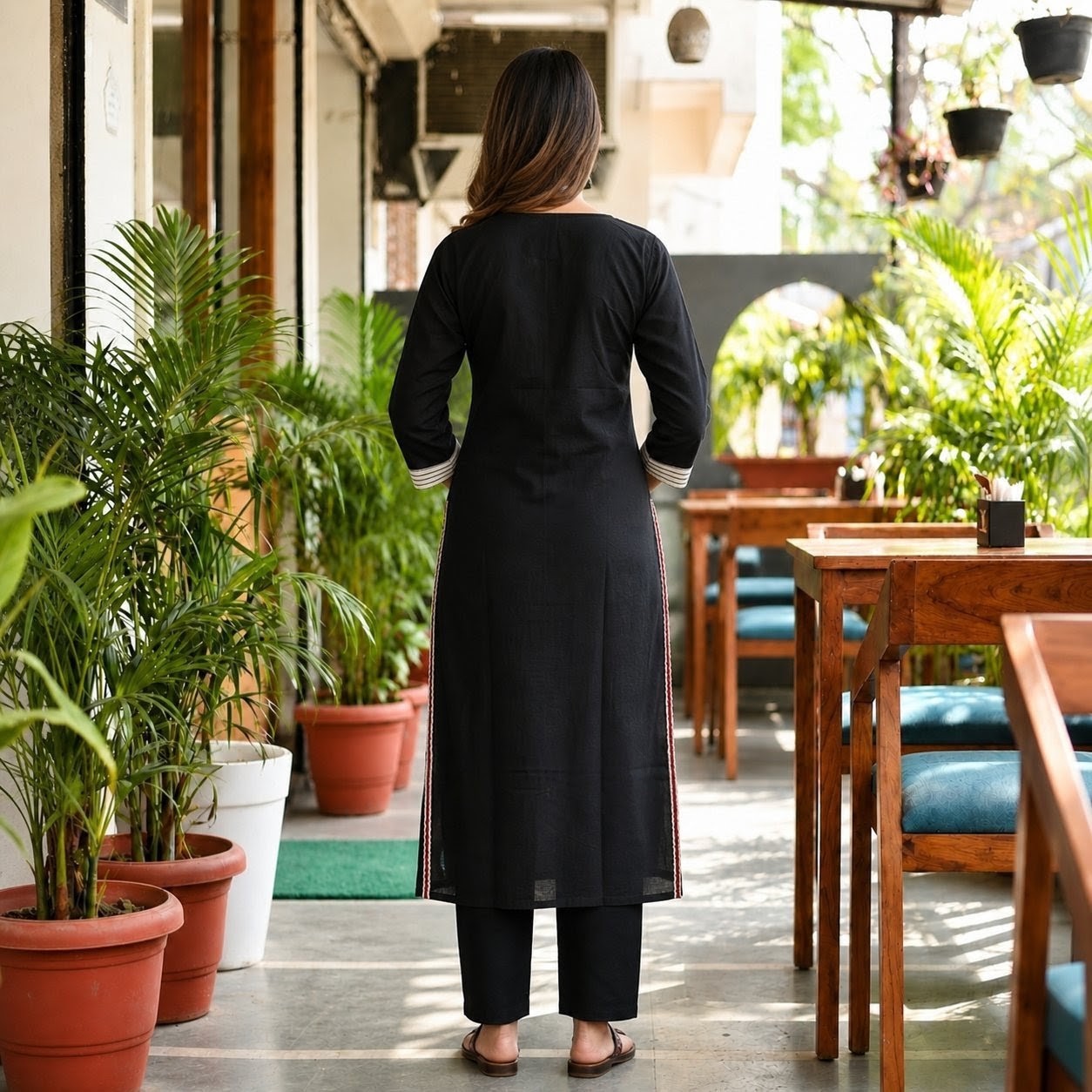 Women's Black Cotton 2-Piece Straight Kurti Pant Set with Contrast Front Panel CAC-K2P-B-1