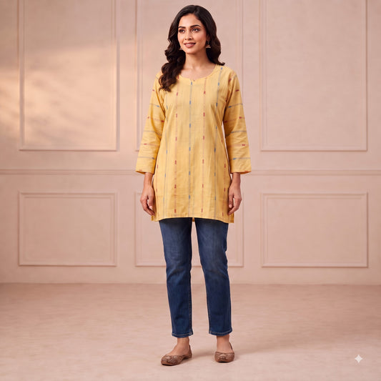 Yellow Printed Kurti with Vertical Pattern & 34 Sleeves SKU CAC-KS-P-Y-1