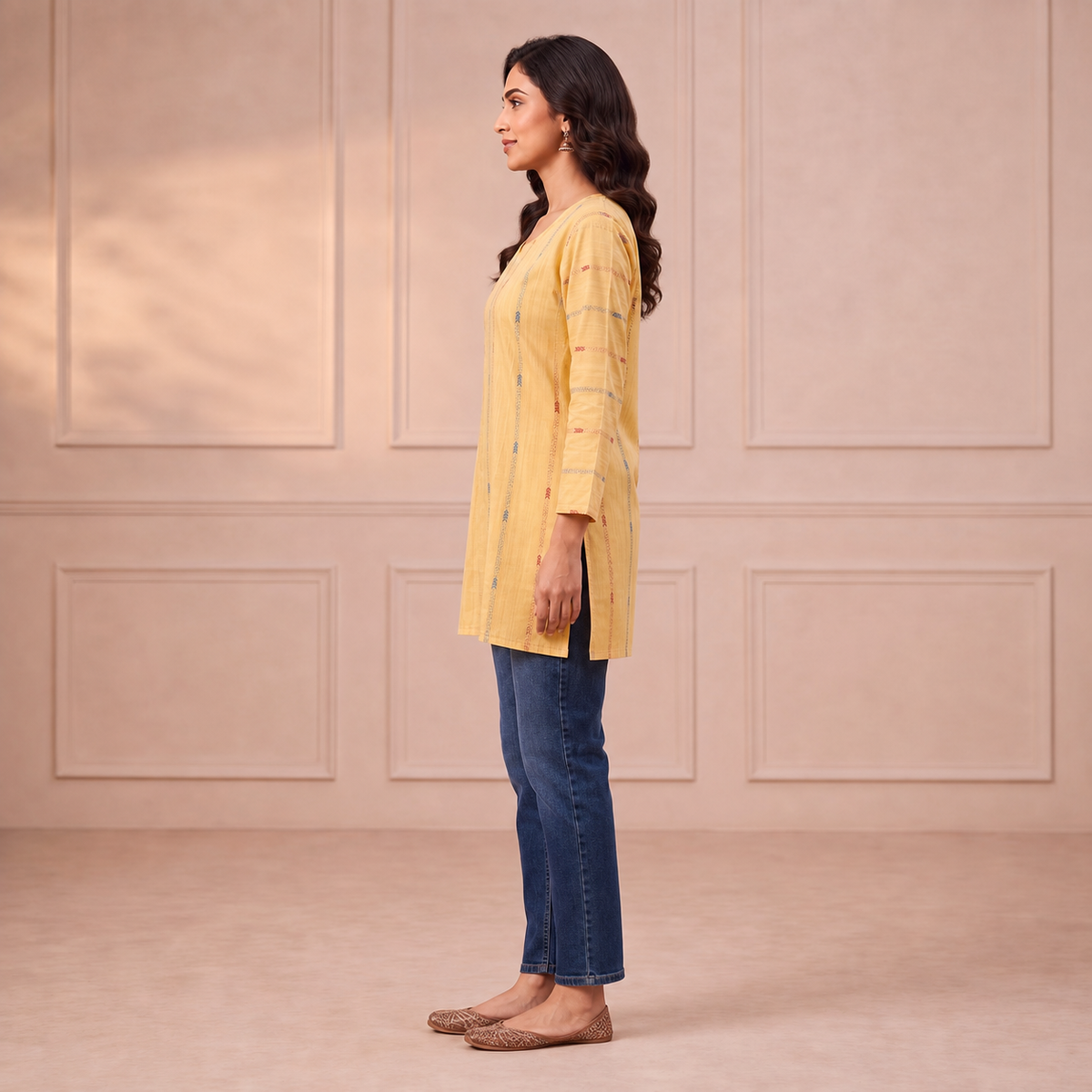 Yellow Printed Kurti with Vertical Pattern & 34 Sleeves SKU CAC-KS-P-Y-1