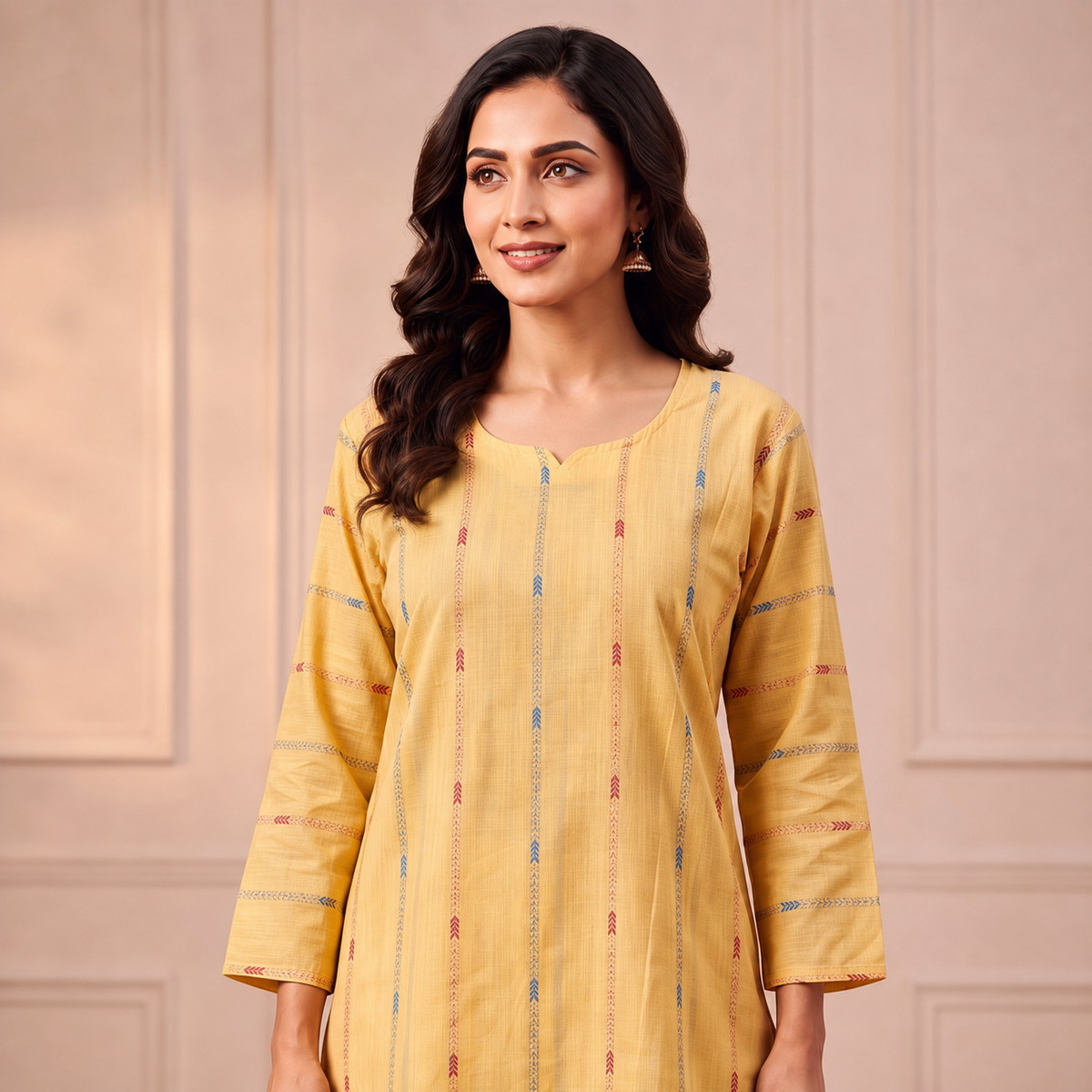 Yellow Printed Kurti with Vertical Pattern & 34 Sleeves SKU CAC-KS-P-Y-1