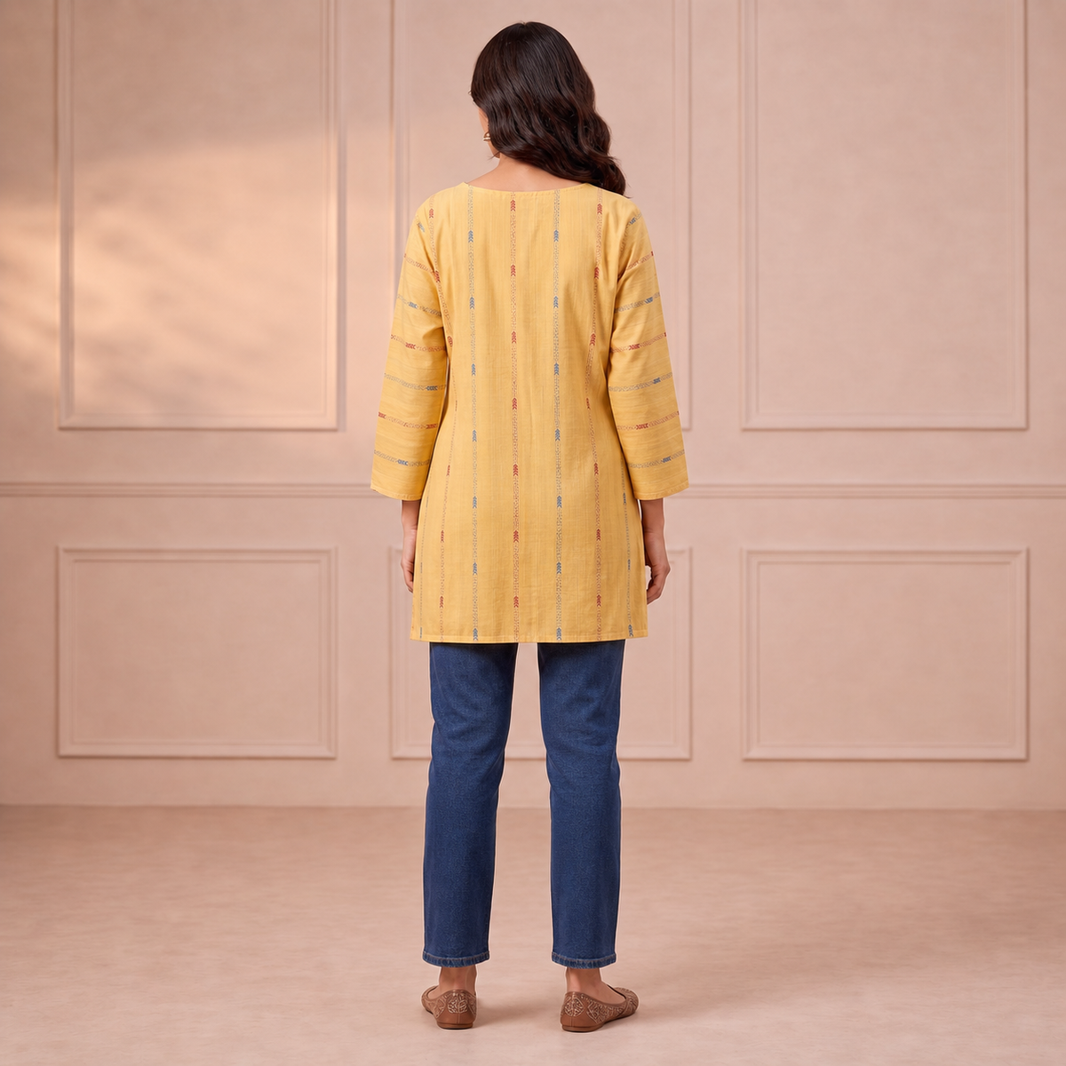 Yellow Printed Kurti with Vertical Pattern & 34 Sleeves SKU CAC-KS-P-Y-1