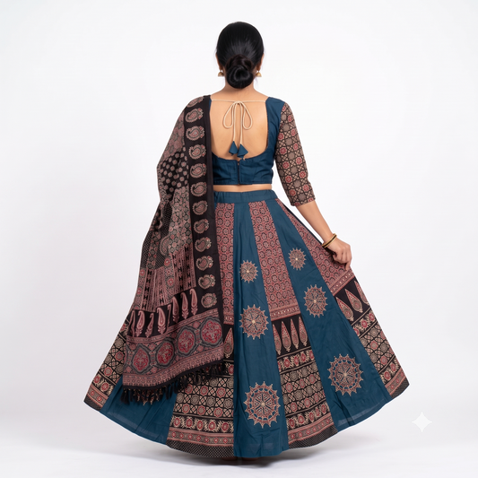 Ajrakh Chakar Pech Chaniya Choli Set with Printed Dupatta  Teal Blue & Black SKU CAC-CC-ACP-TBB-1-2