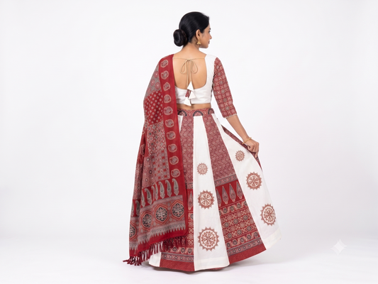 Ajrakh Chakar Pech Chaniya Choli Set with Printed Dupatta  White & Maroon SKU CAC-CC-ACP-WM-1-3