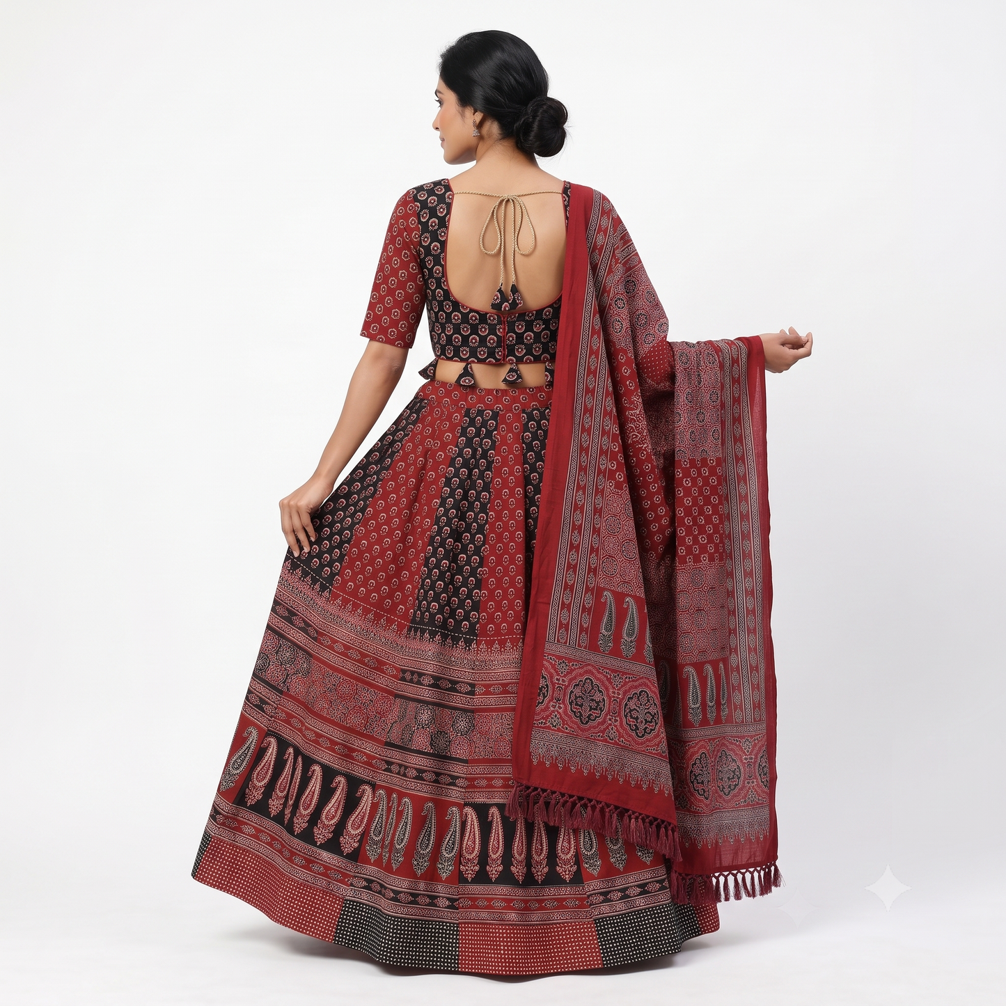 Maroon & Black Ajrakh Kali Chaniya Choli Set with Printed Dupatta SKU CAC-CC-AK-MB-3-1