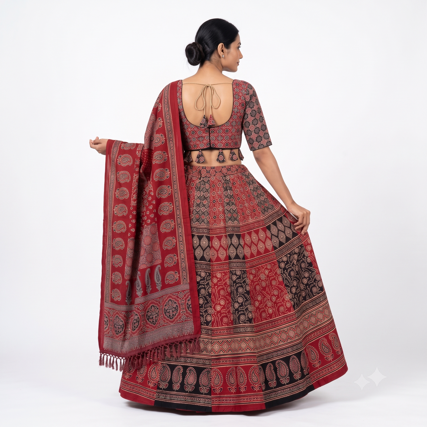 Maroon & Black Ajrakh Kali Chaniya Choli Set with Printed Dupatta SKU CAC-CC-AK-MB-3-2
