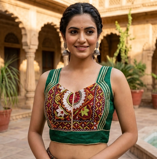 Kutchi Embroidery Sleeveless Blouse with Lace-Up Back CAC-BL-BHP-G-1