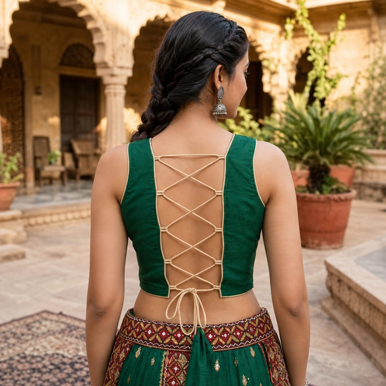 Kutchi Embroidery Sleeveless Blouse with Lace-Up Back CAC-BL-BHP-G-1