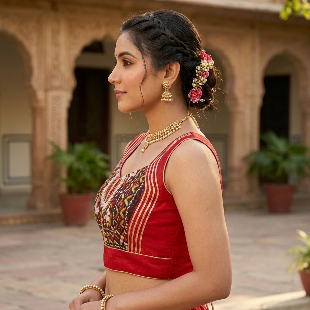 Kutchi Embroidery Sleeveless Blouse with Lace-Up Back CAC-BL-BHP-R-1