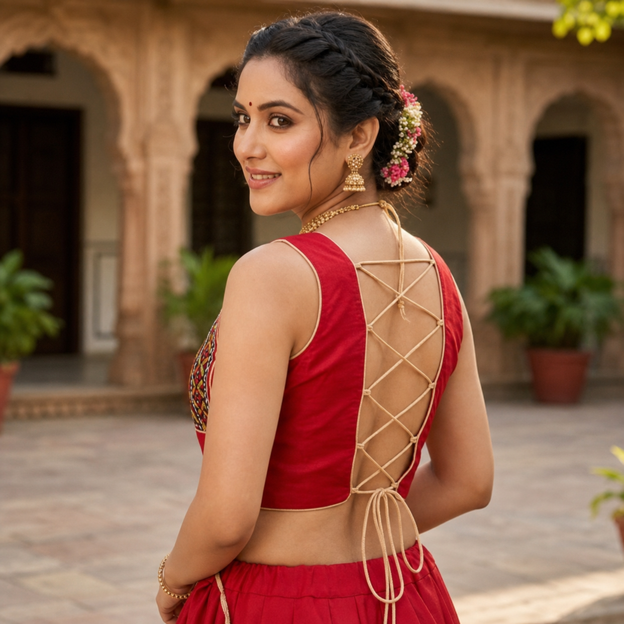 Kutchi Embroidery Sleeveless Blouse with Lace-Up Back CAC-BL-BHP-R-1