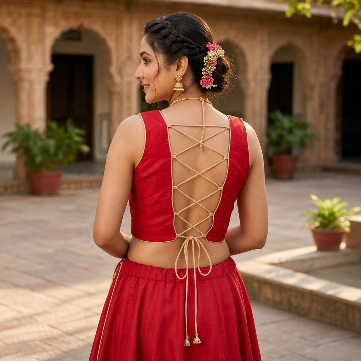 Kutchi Embroidery Sleeveless Blouse with Lace-Up Back CAC-BL-BHP-R-1