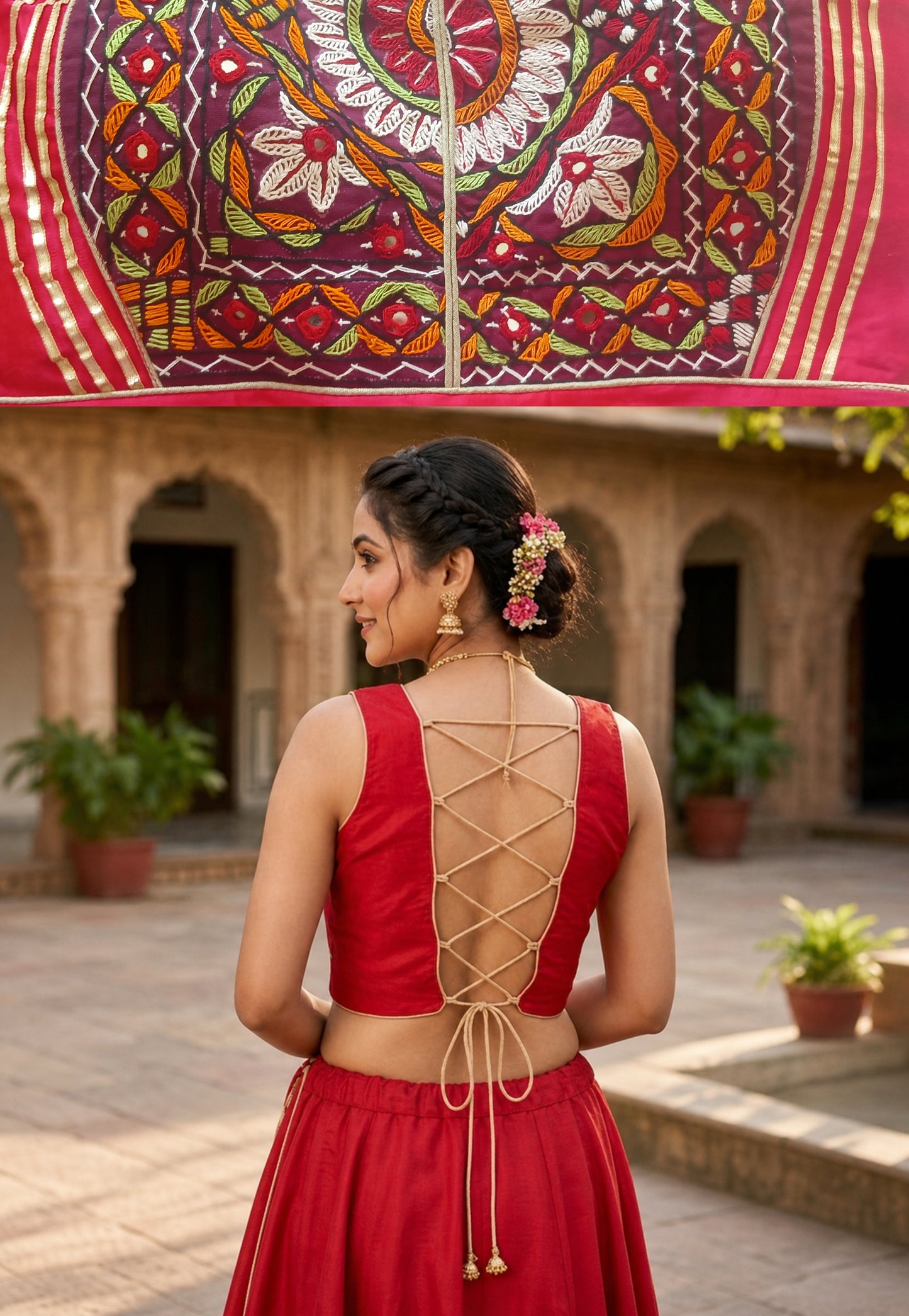 Kutchi Embroidery Sleeveless Blouse with Lace-Up Back CAC-BL-BHP-R-1