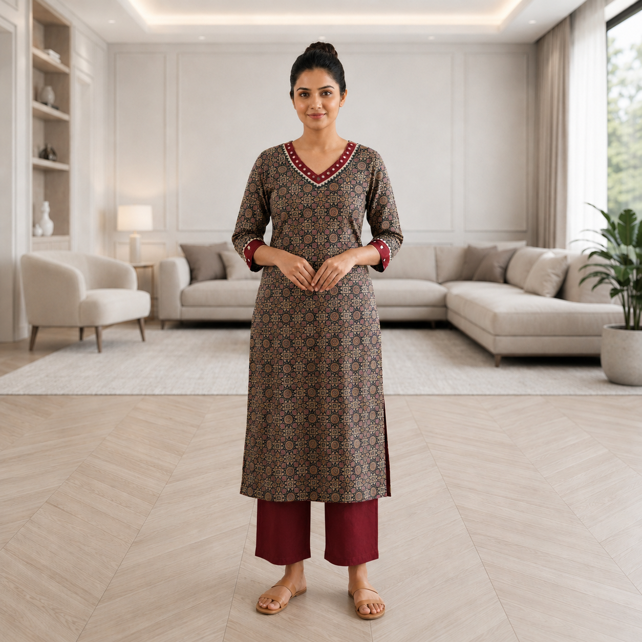 Long Kurti Cotton Patoda Ajrakh Print V-Neck Mirror Work CAC-KL-CP-M-1001