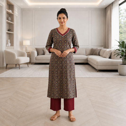 Long Kurti Cotton Patoda Ajrakh Print V-Neck Mirror Work CAC-KL-CP-M-1001