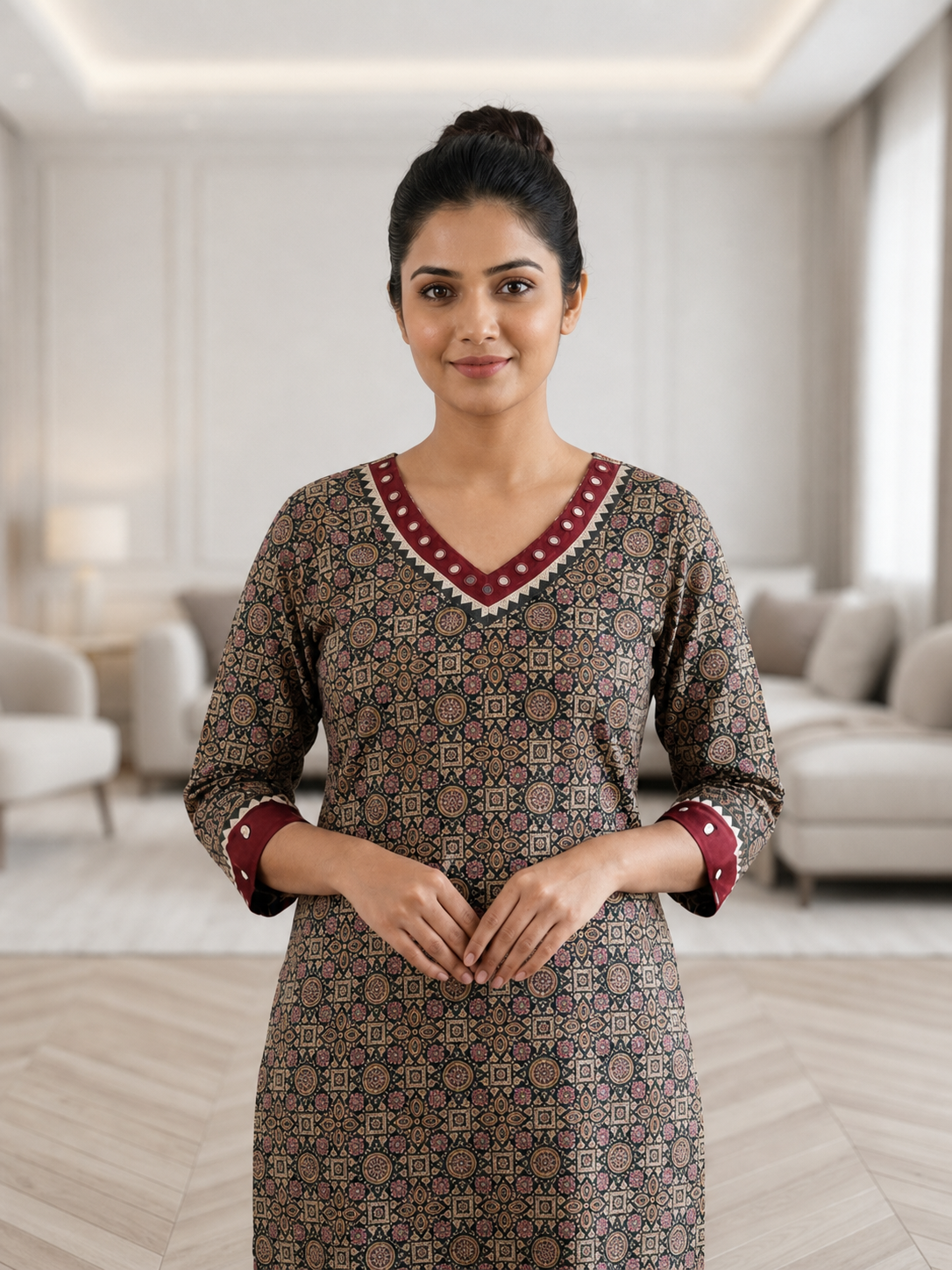 Long Kurti Cotton Patoda Ajrakh Print V-Neck Mirror Work CAC-KL-CP-M-1001