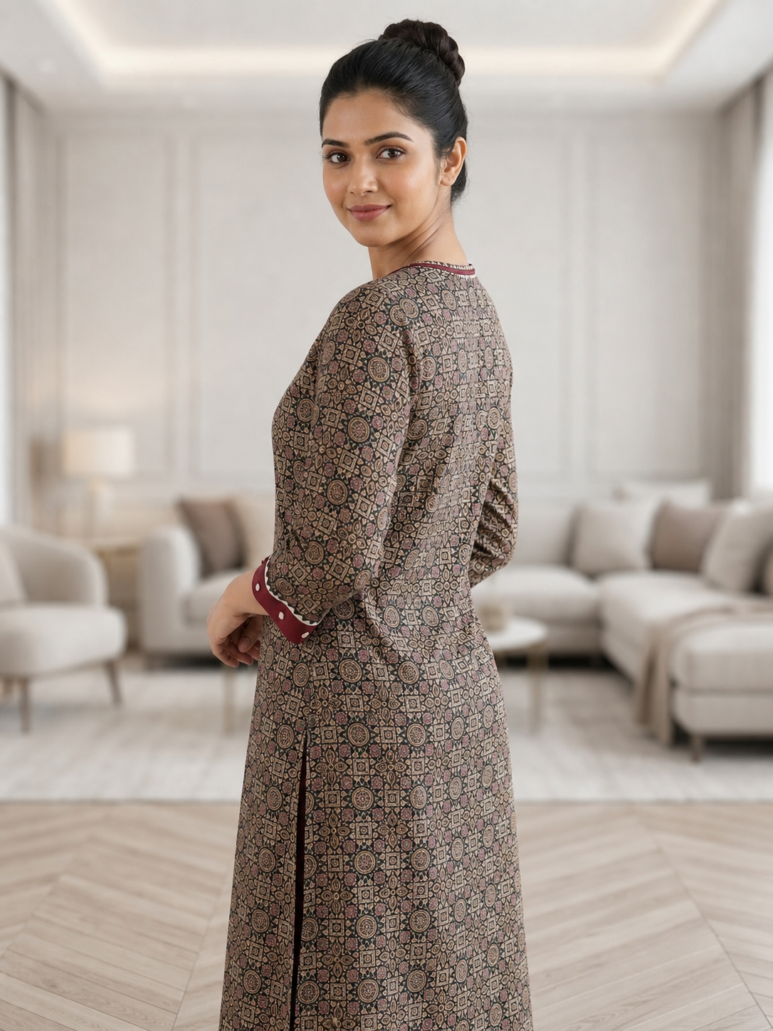 Long Kurti Cotton Patoda Ajrakh Print V-Neck Mirror Work CAC-KL-CP-M-1001