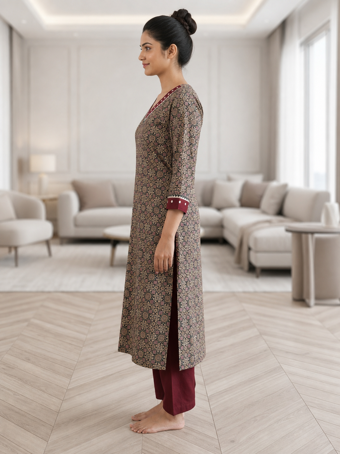 Long Kurti Cotton Patoda Ajrakh Print V-Neck Mirror Work CAC-KL-CP-M-1001