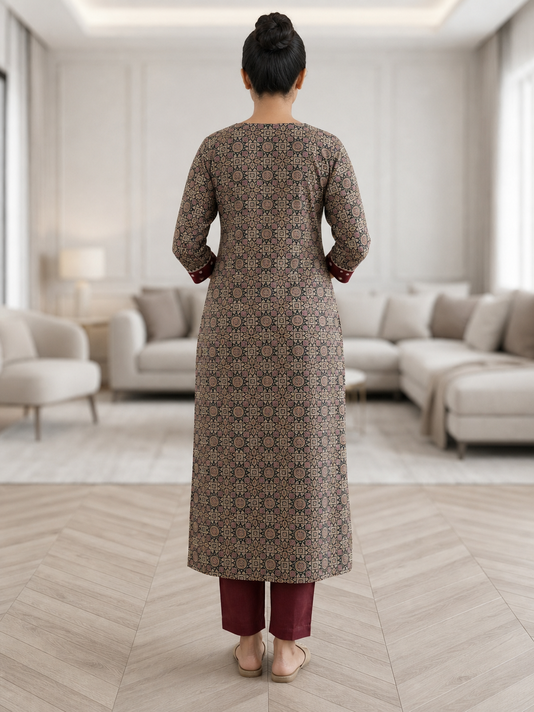 Long Kurti Cotton Patoda Ajrakh Print V-Neck Mirror Work CAC-KL-CP-M-1001