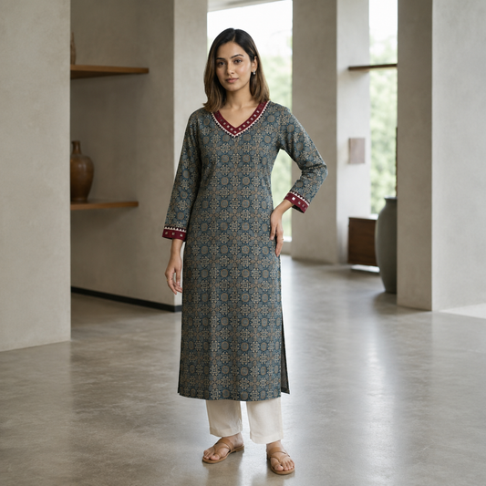 Long Kurti Cotton Patoda Ajrakh Print V-Neck Mirror Work CAC-KL-CP-T-1001