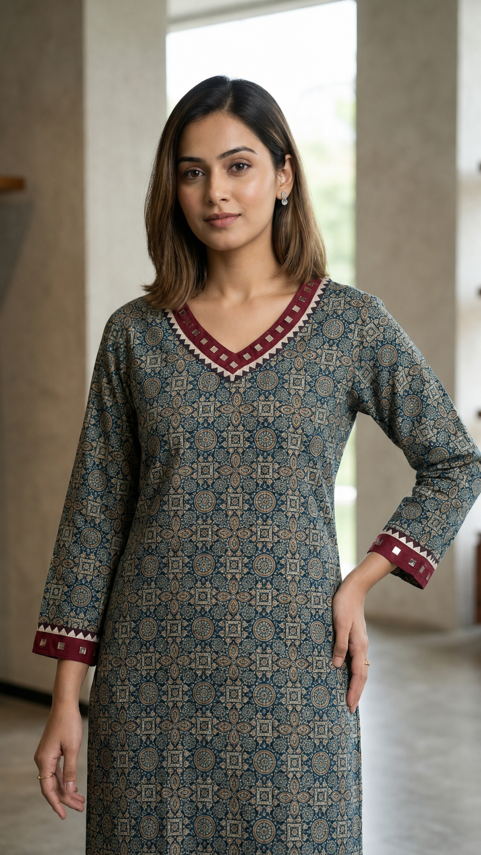 Long Kurti Cotton Patoda Ajrakh Print V-Neck Mirror Work CAC-KL-CP-T-1001