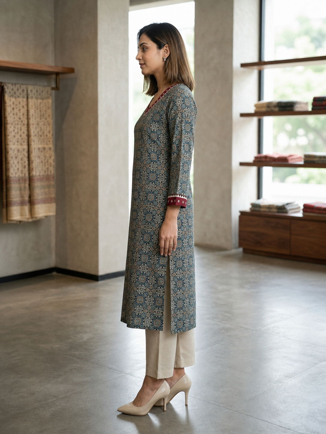 Long Kurti Cotton Patoda Ajrakh Print V-Neck Mirror Work CAC-KL-CP-T-1001