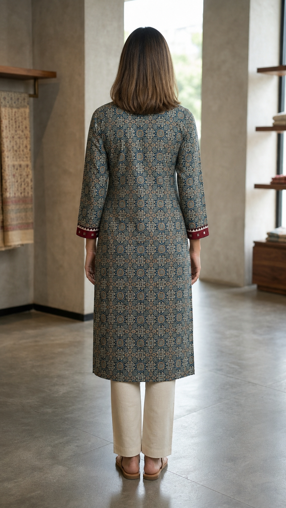 Long Kurti Cotton Patoda Ajrakh Print V-Neck Mirror Work CAC-KL-CP-T-1001