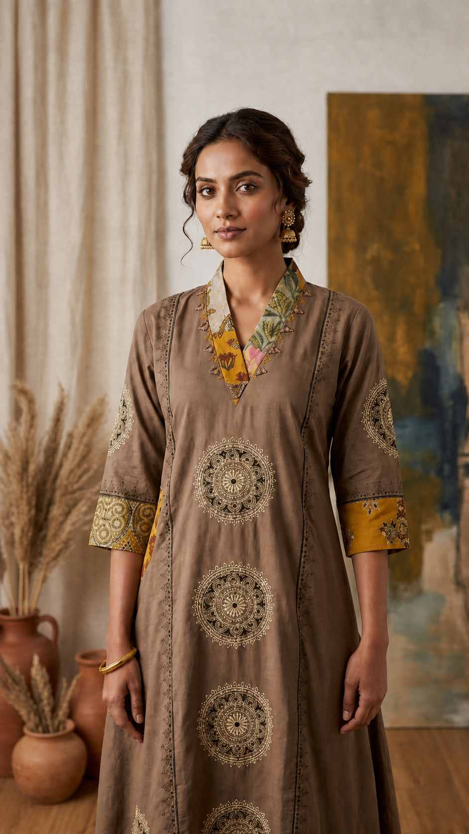 Plain Cotton Dhabu Block & Ajrakh Patch Mirror Work A-Line Palazzo Set for Women CAC-KL-PC-B-3066