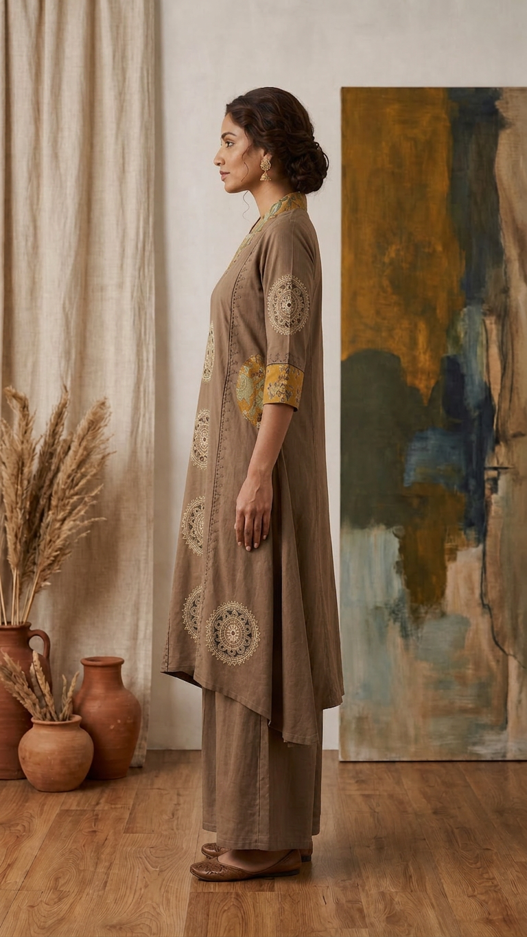 Plain Cotton Dhabu Block & Ajrakh Patch Mirror Work A-Line Palazzo Set for Women CAC-KL-PC-B-3066