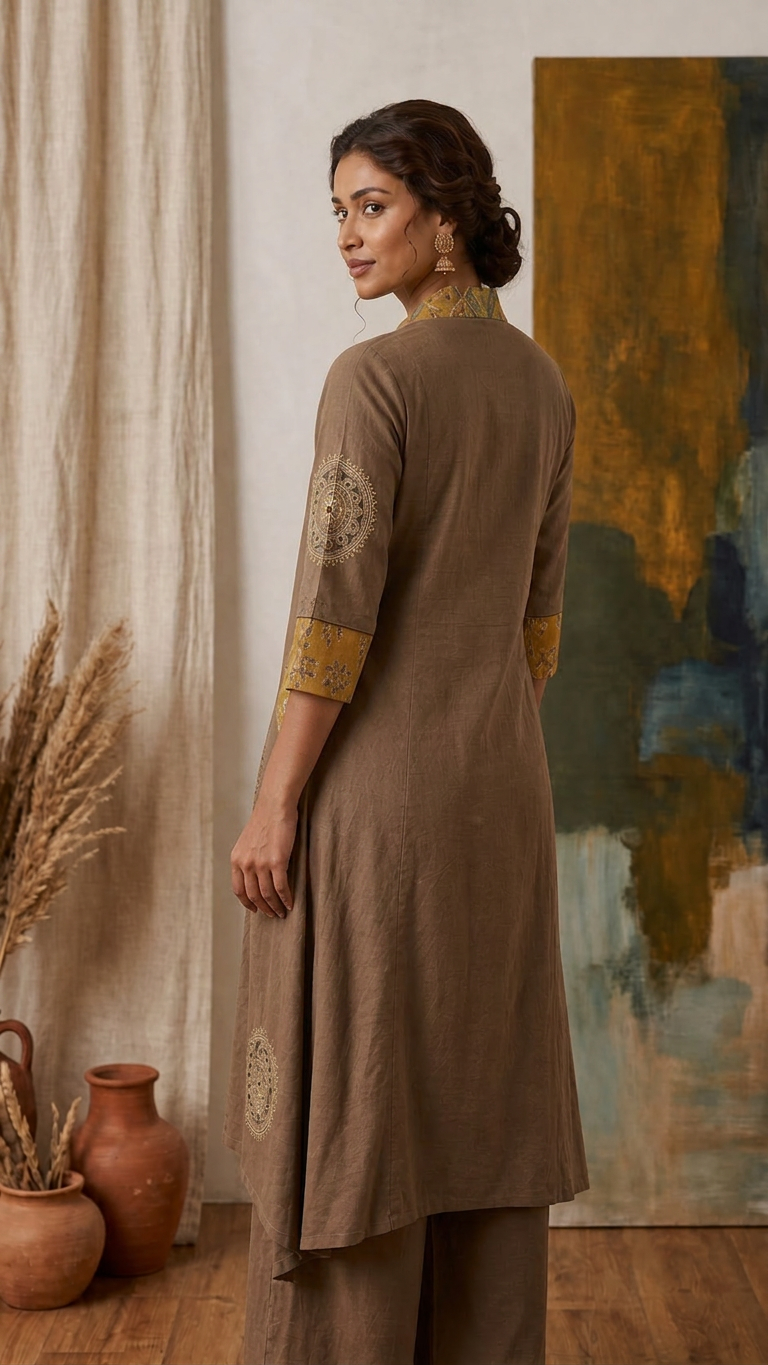 Plain Cotton Dhabu Block & Ajrakh Patch Mirror Work A-Line Palazzo Set for Women CAC-KL-PC-B-3066