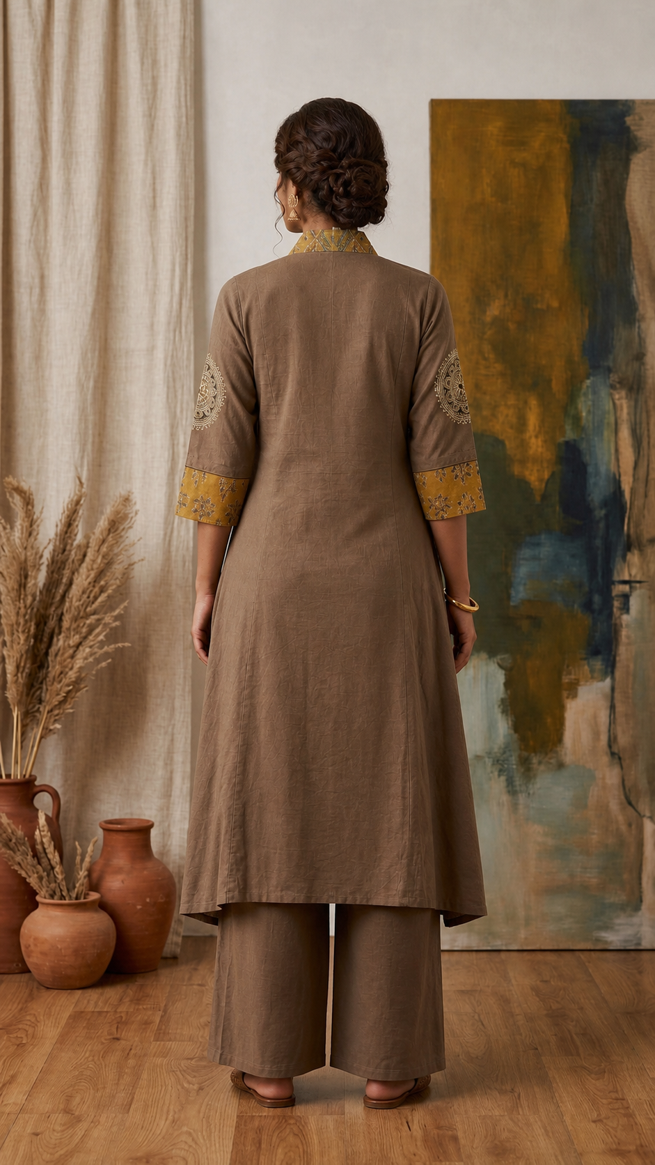 Plain Cotton Dhabu Block & Ajrakh Patch Mirror Work A-Line Palazzo Set for Women CAC-KL-PC-B-3066